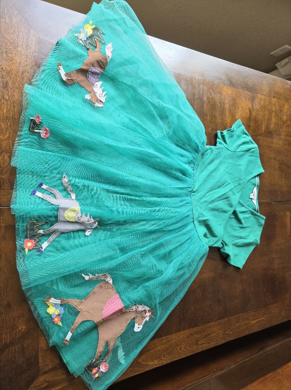 Mini Boden Girls Green Tulle Dress with Horse details Green, EUC